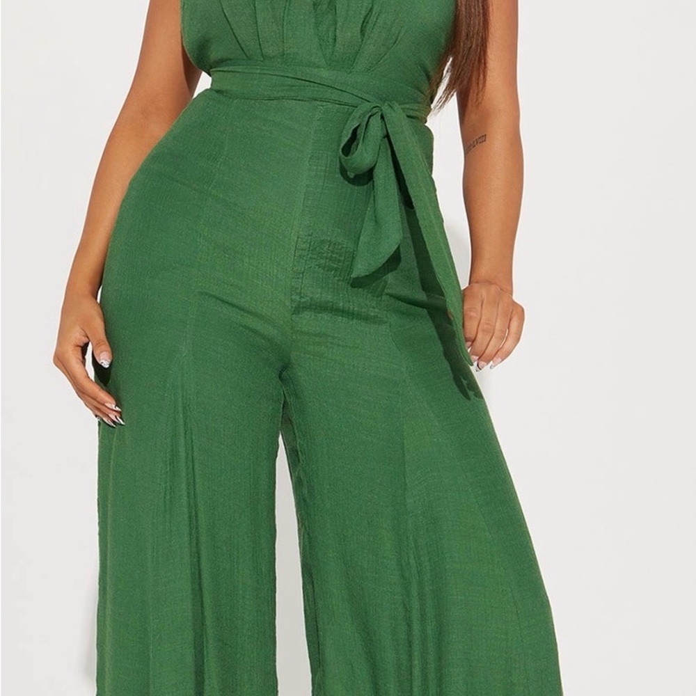 Fashion Nova Emerald Green Wide-Leg Jumpsuit with Self-Tie Waist